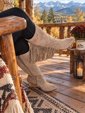 Carlos by Carlos Santana Taupe Fringe Suede Mid-Calf Heeled Boots